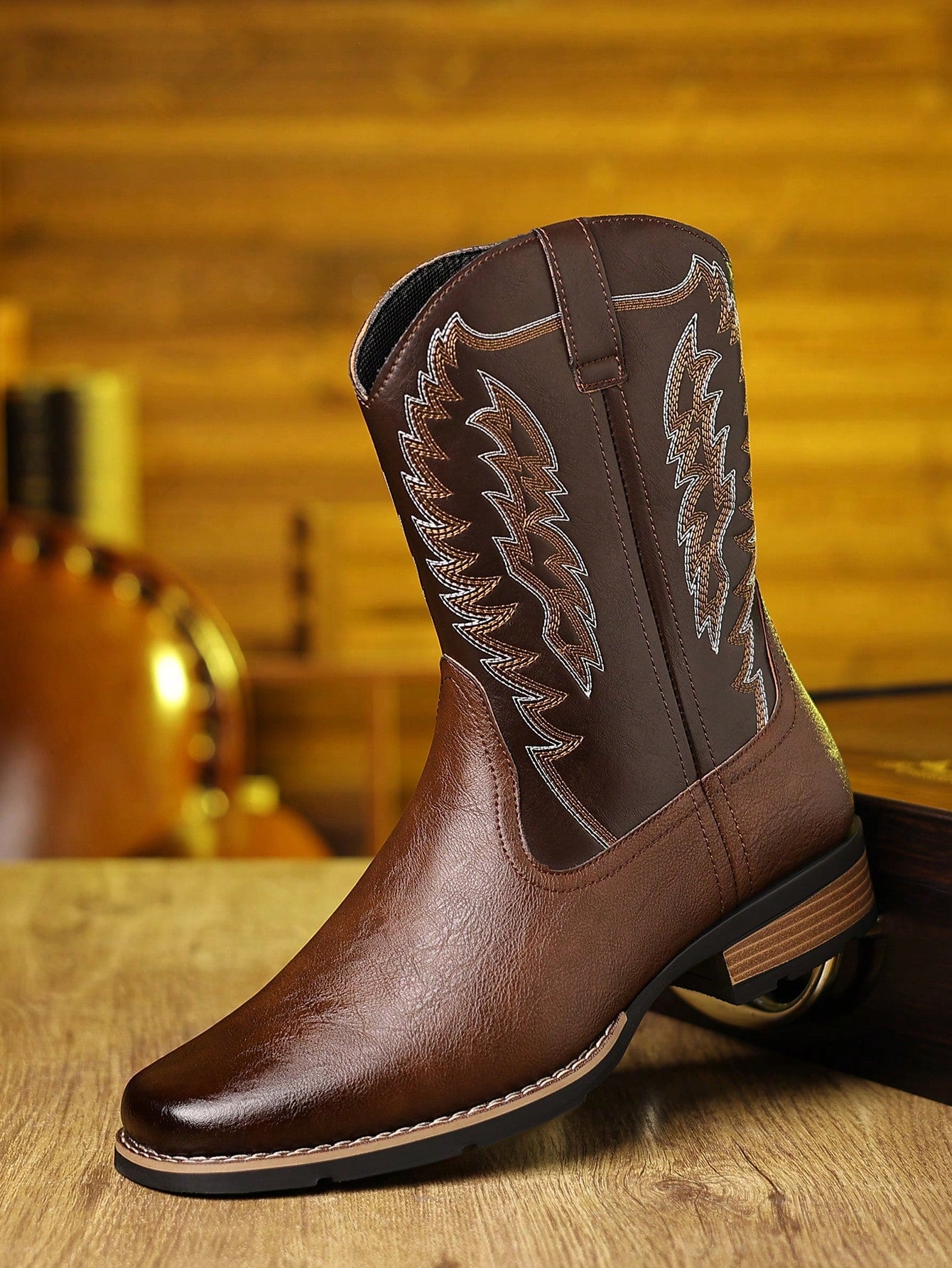 Plus Size Men's High-Top Embroidered Western Cowboy Boots, Color Block Riding Boots Square Toe