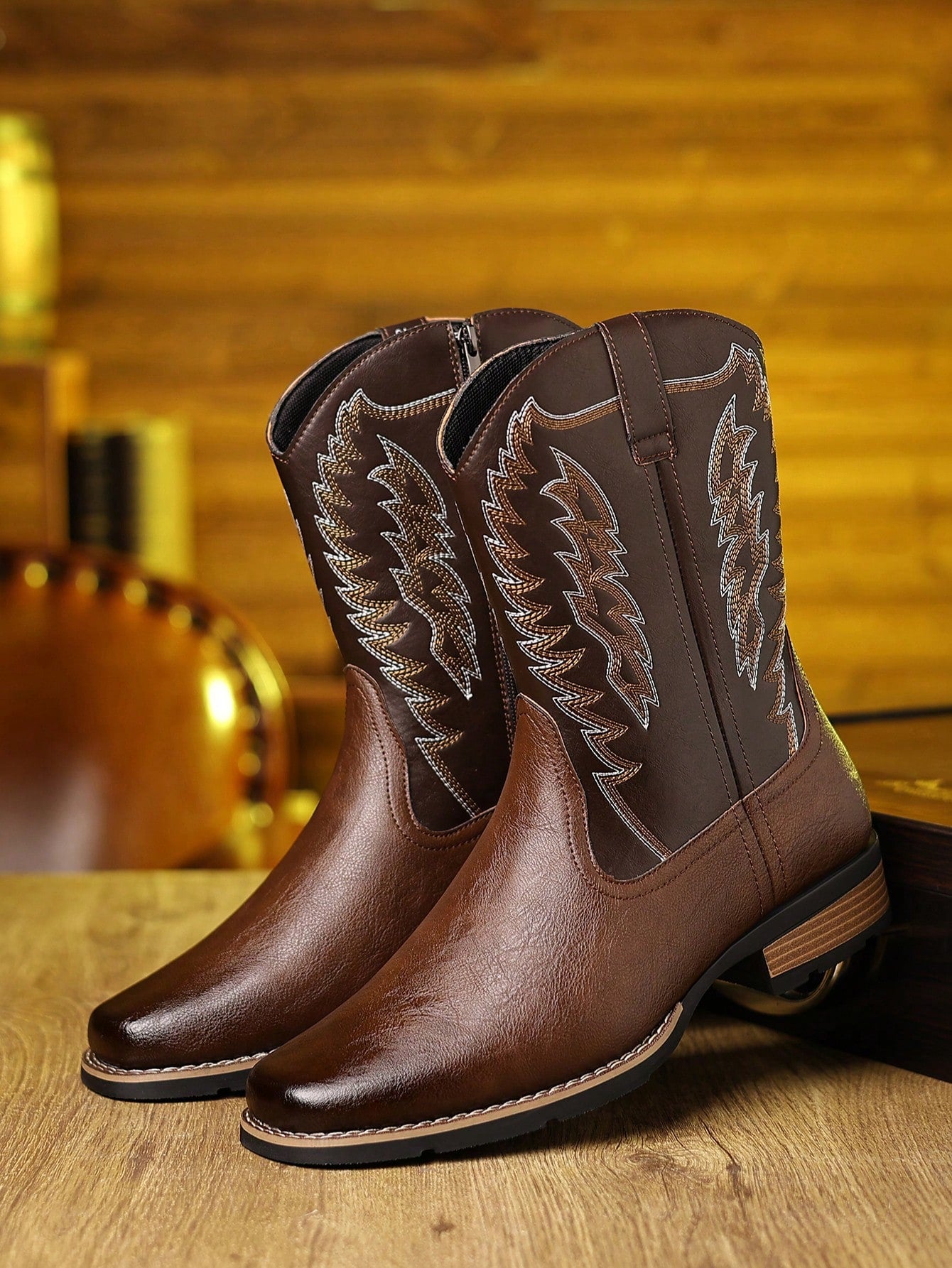 Plus Size Men's High-Top Embroidered Western Cowboy Boots, Color Block Riding Boots Square Toe
