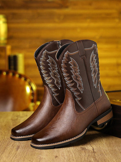 Plus Size Men's High-Top Embroidered Western Cowboy Boots, Color Block Riding Boots Square Toe