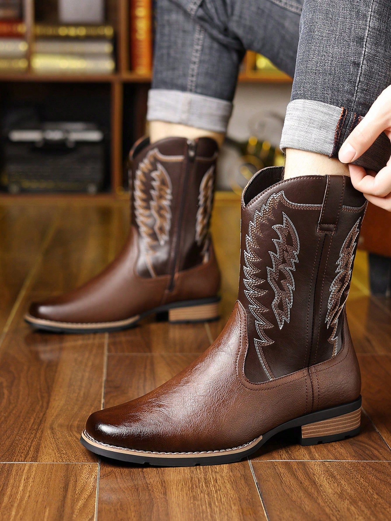 Plus Size Men's High-Top Embroidered Western Cowboy Boots, Color Block Riding Boots Square Toe