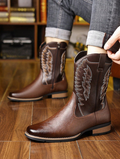 Plus Size Men's High-Top Embroidered Western Cowboy Boots, Color Block Riding Boots Square Toe