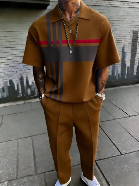 Plus-Size Men's New Simple Collared Short-Sleeve Shirt With Long Pants Set. Daily Casual Outfit With Drawstring Waist, Suitable For Shopping