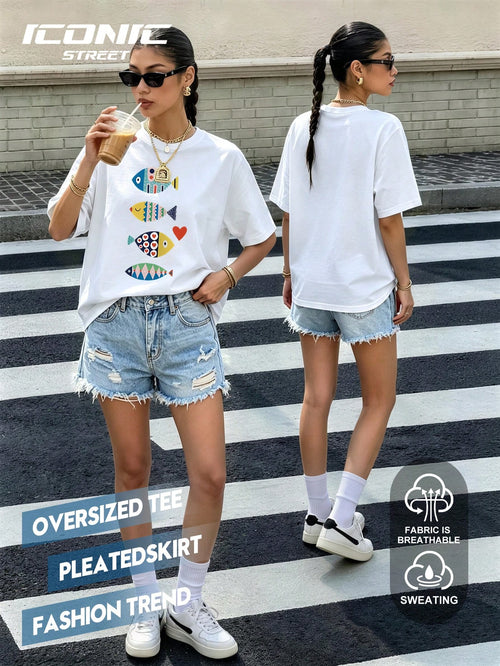 Plus Size Round Neck Short Sleeve T-Shirt, Made Of Highly Elastic Fabric, Printed With Colorful Fish Pattern Casual White Summer