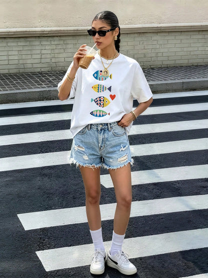 Plus Size Round Neck Short Sleeve T-Shirt, Made Of Highly Elastic Fabric, Printed With Colorful Fish Pattern Casual White Summer