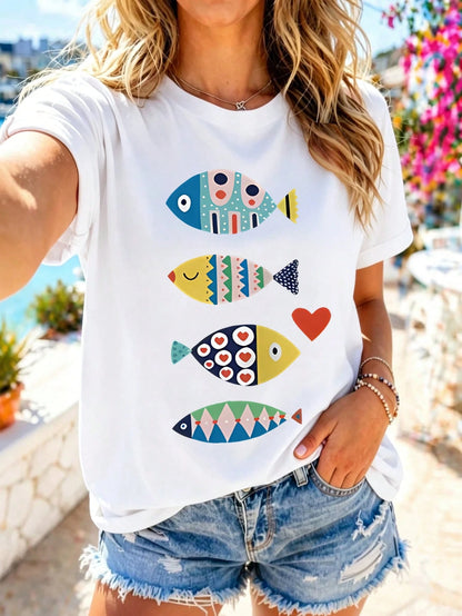 Plus Size Round Neck Short Sleeve T-Shirt, Made Of Highly Elastic Fabric, Printed With Colorful Fish Pattern Casual White Summer