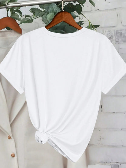 Plus Size Round Neck Short Sleeve T-Shirt, Made Of Highly Elastic Fabric, Printed With Colorful Fish Pattern Casual White Summer