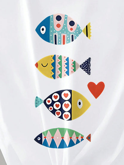 Plus Size Round Neck Short Sleeve T-Shirt, Made Of Highly Elastic Fabric, Printed With Colorful Fish Pattern Casual White Summer