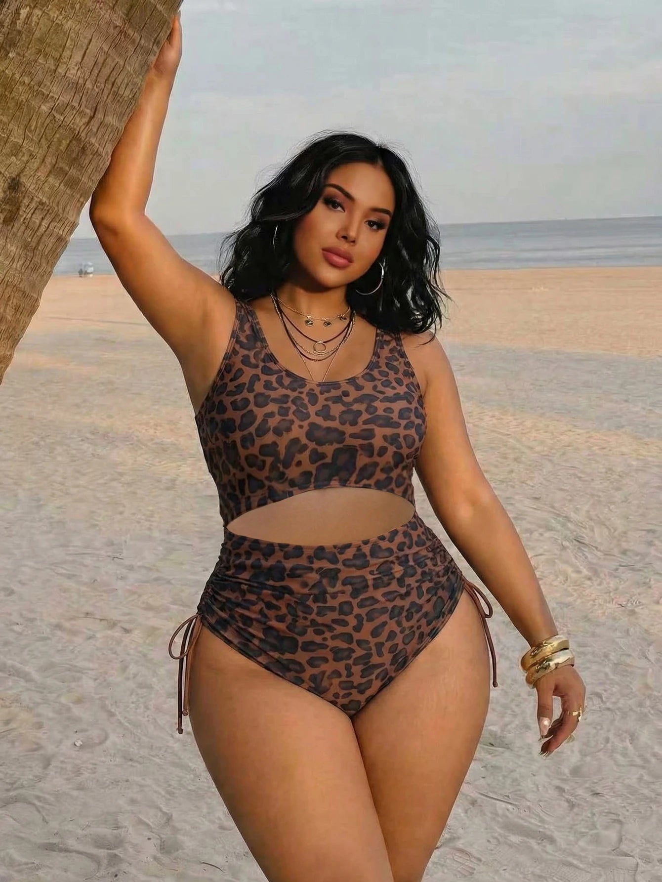 Plus Size Sexy Leopard Print Sleeveless Round Neck Elastic Knit Bikini Swimsuit Vacation Beach Summer