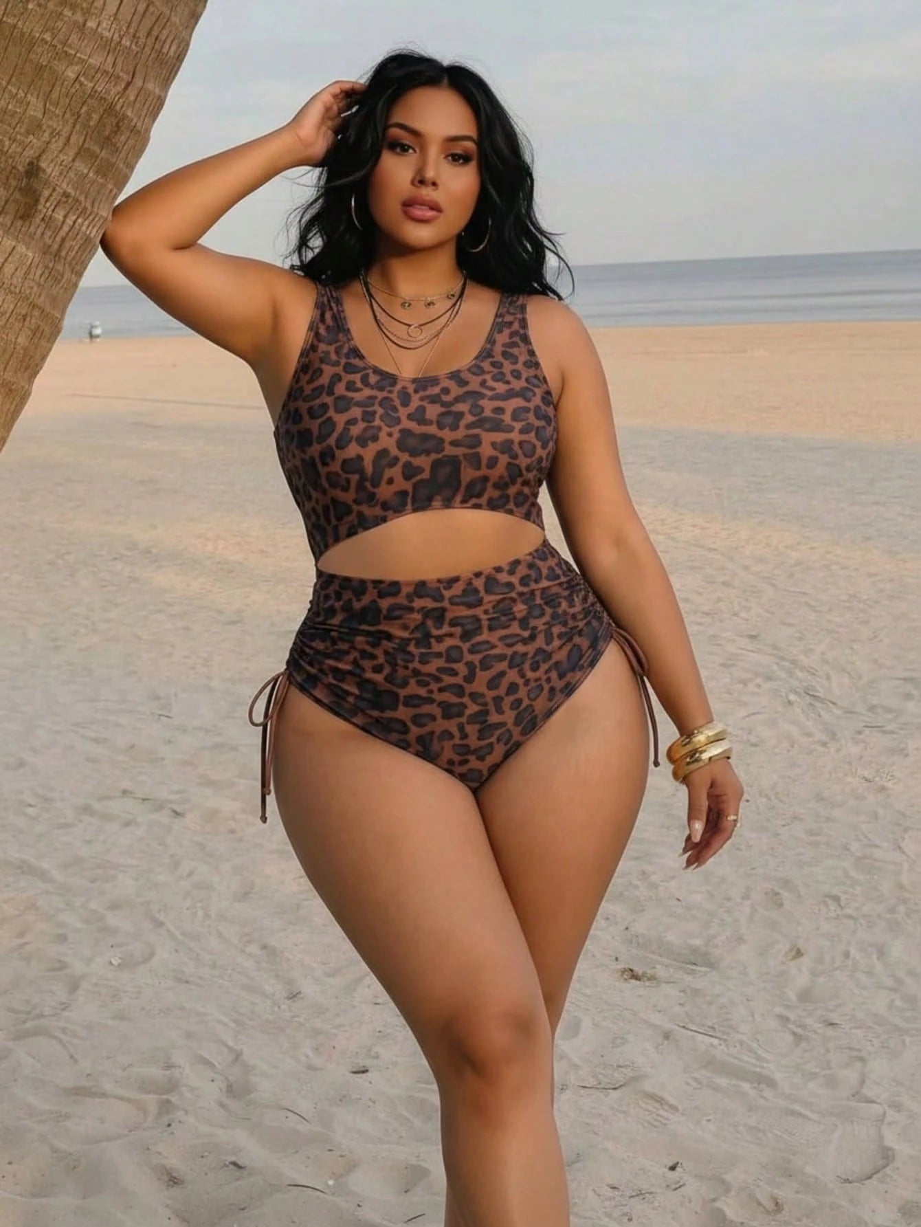 Plus Size Sexy Leopard Print Sleeveless Round Neck Elastic Knit Bikini Swimsuit Vacation Beach Summer
