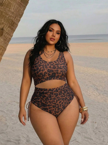 Plus Size Sexy Leopard Print Sleeveless Round Neck Elastic Knit Bikini Swimsuit Vacation Beach Summer
