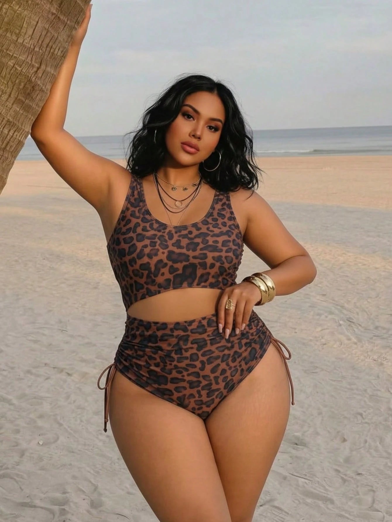 Plus Size Sexy Leopard Print Sleeveless Round Neck Elastic Knit Bikini Swimsuit Vacation Beach Summer