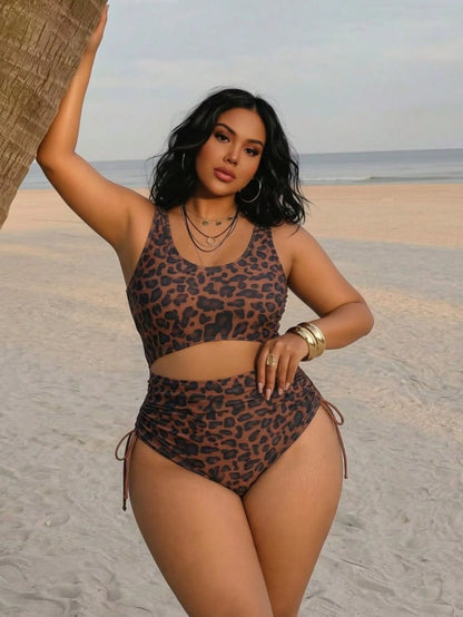 Plus Size Sexy Leopard Print Sleeveless Round Neck Elastic Knit Bikini Swimsuit Vacation Beach Summer