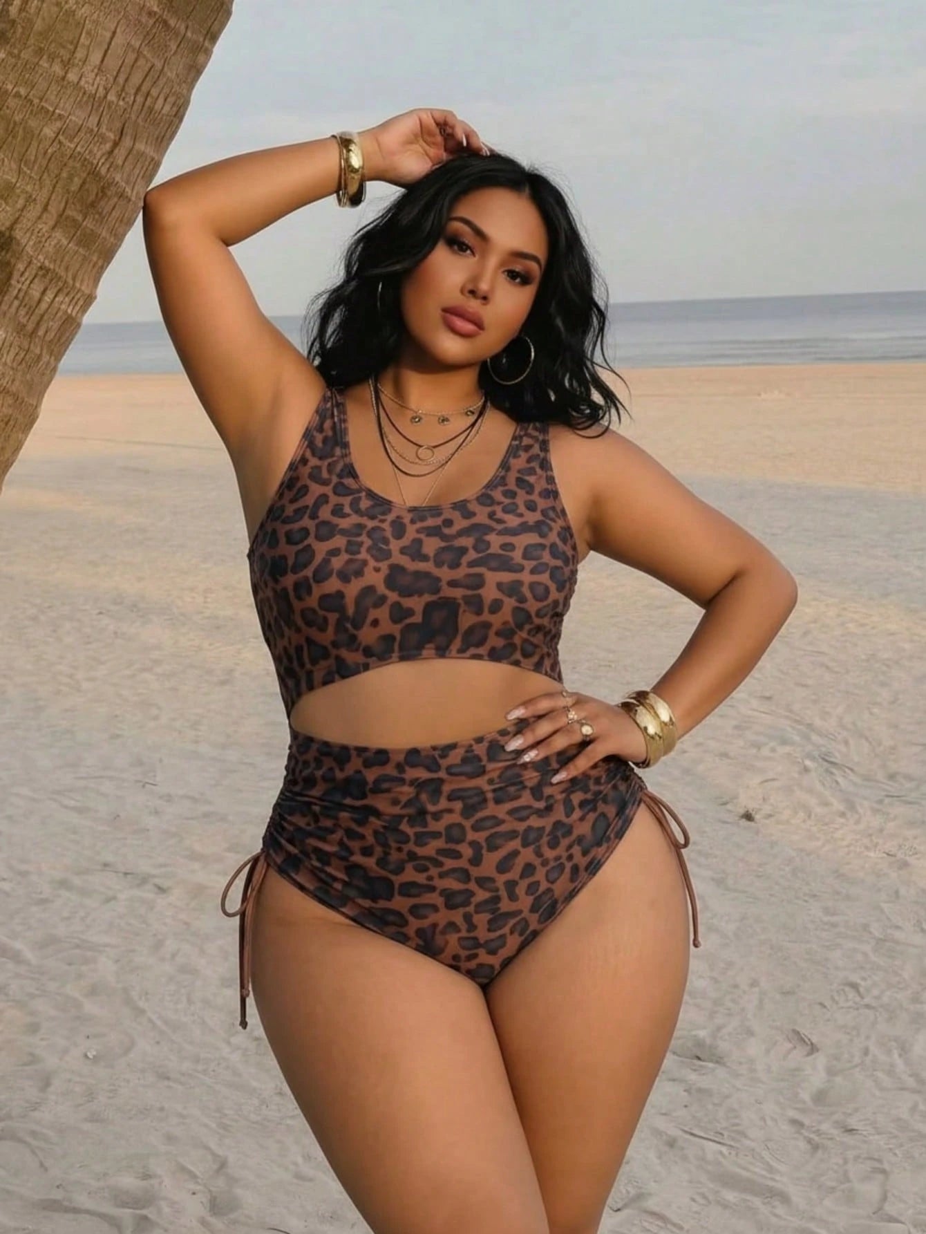 Plus Size Sexy Leopard Print Sleeveless Round Neck Elastic Knit Bikini Swimsuit Vacation Beach Summer