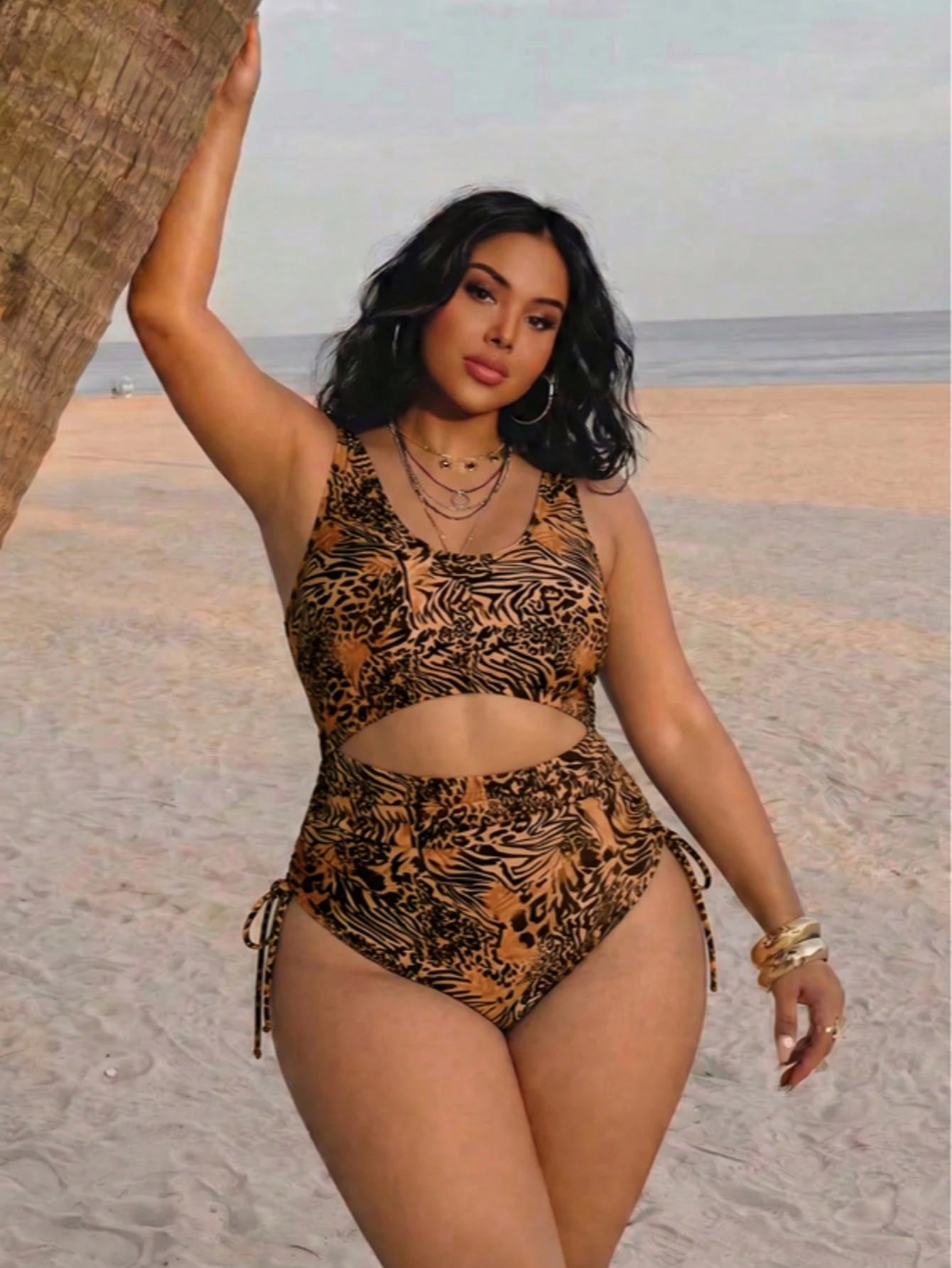 Plus Size Sexy Leopard Print Sleeveless Round Neck Elastic Knit Bikini Swimsuit Vacation Beach Summer