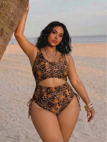 Plus Size Sexy Leopard Print Sleeveless Round Neck Elastic Knit Bikini Swimsuit Vacation Beach Summer