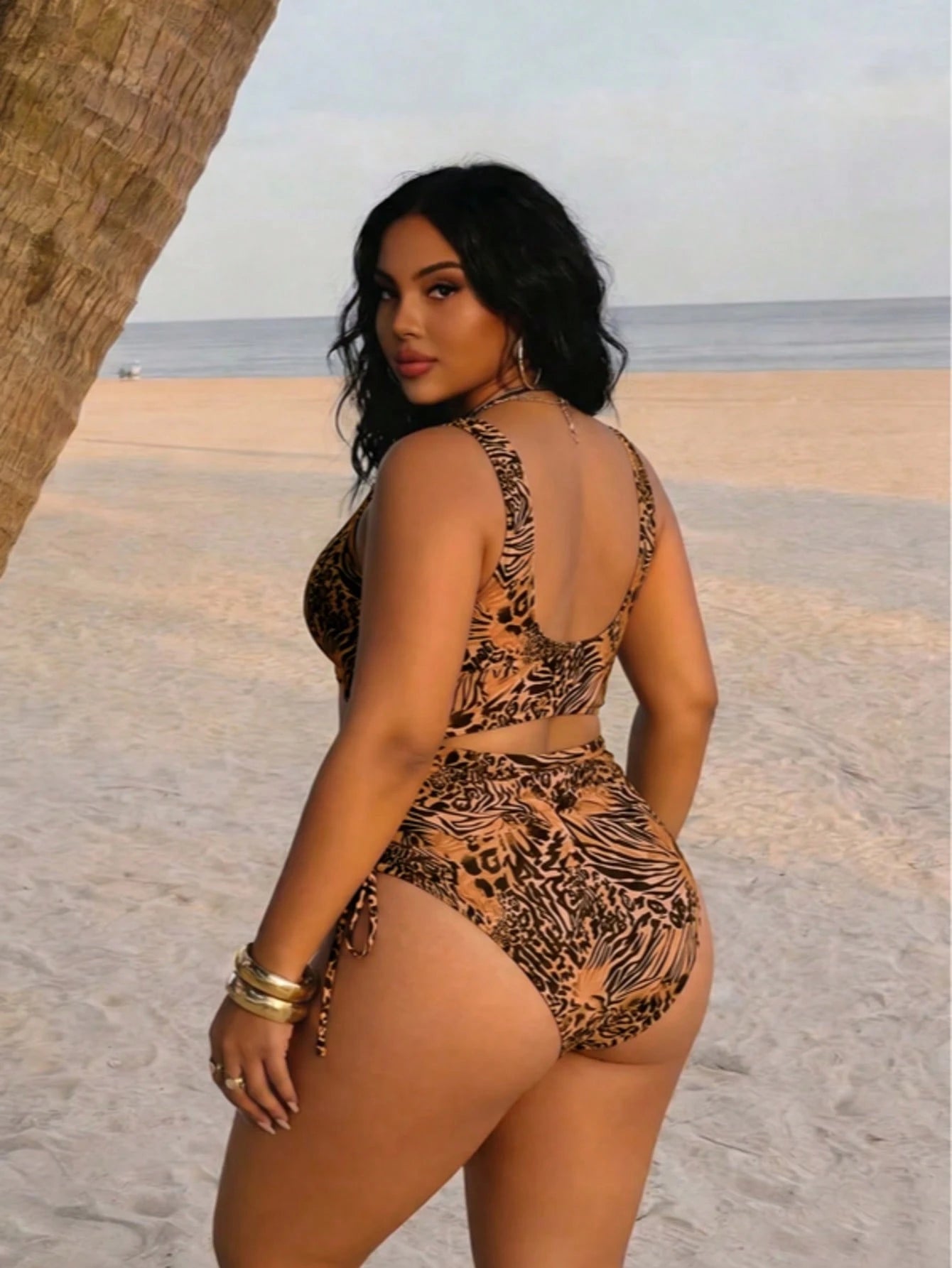 Plus Size Sexy Leopard Print Sleeveless Round Neck Elastic Knit Bikini Swimsuit Vacation Beach Summer