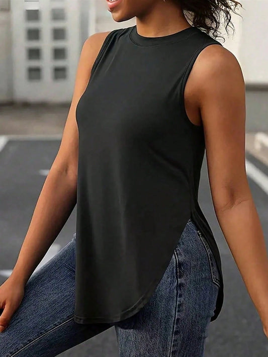 Plus Size Solid Color Round Neck Sleeveless Split Hem Tank Top