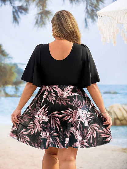 Plus Size Swimsuit With Short Sleeves, Minimalist And Fashionable, Suitable For Summer