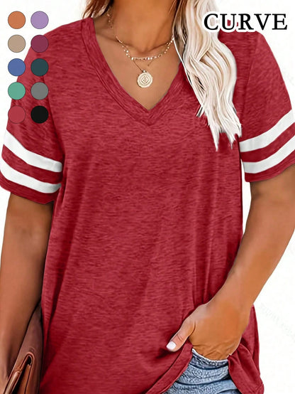 Plus Size V-Neck Striped Casual T-Shirt Summer