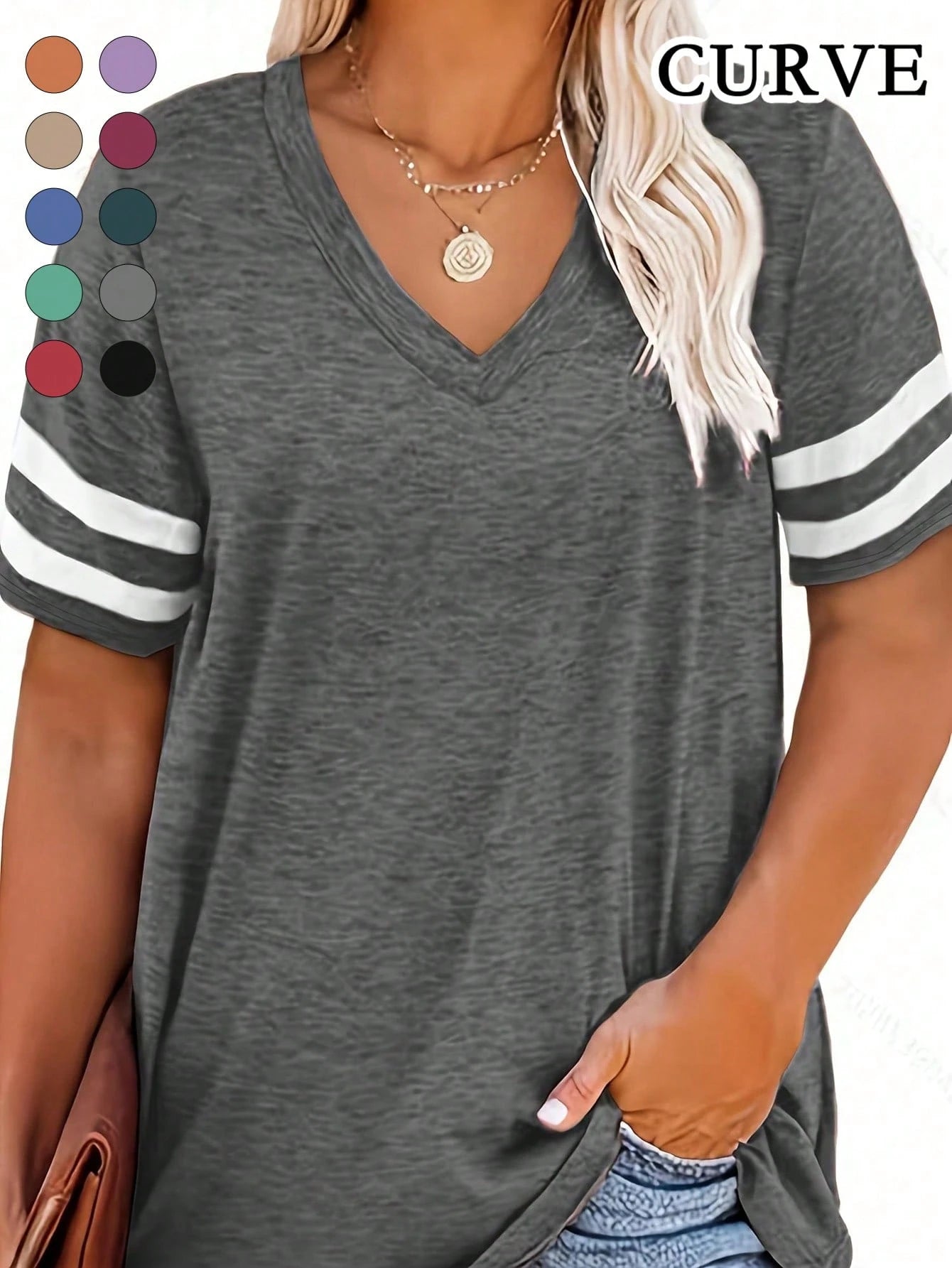Plus Size V-Neck Striped Casual T-Shirt Summer