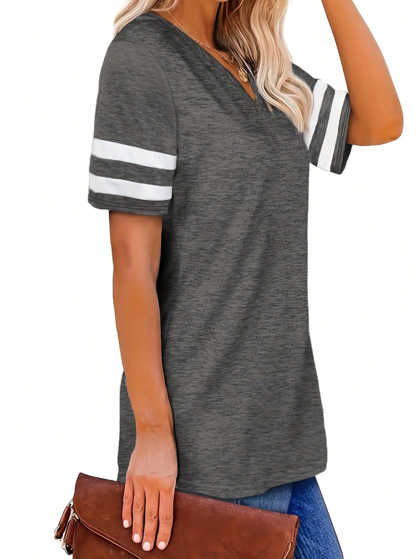 Plus Size V-Neck Striped Casual T-Shirt Summer