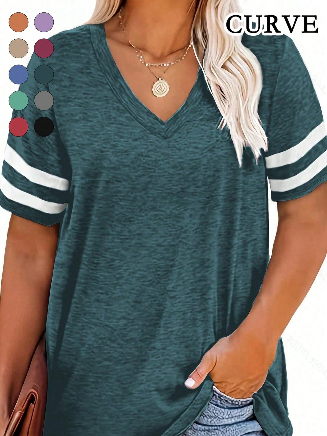 Plus Size V-Neck Striped Casual T-Shirt Summer