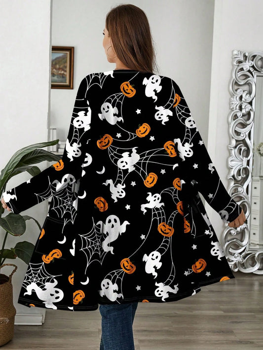 Plus Size Women Casual Halloween Pumpkin Skull Bat Pattern Loose Fit Thin Long Sleeve Cardigan Jacket, Autumn/Winter
