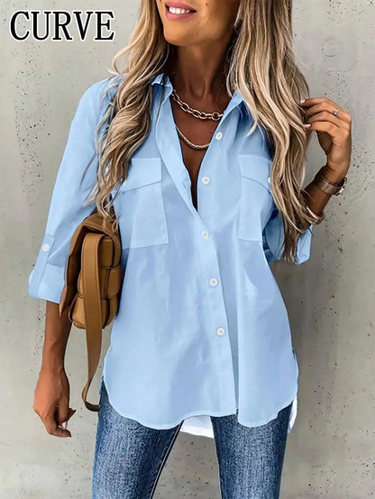 Plus Size Women Cuffed Sleeve Casual/Work Solid Color Collared Shirt