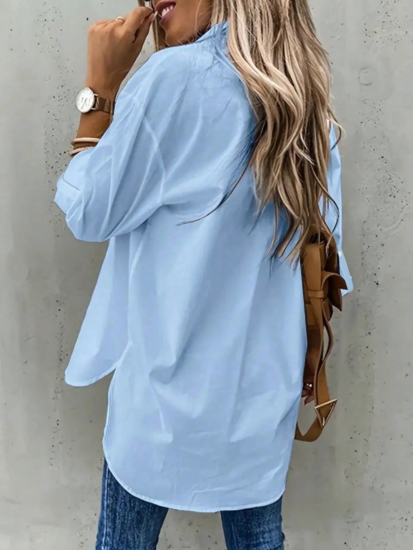 Plus Size Women Cuffed Sleeve Casual/Work Solid Color Collared Shirt