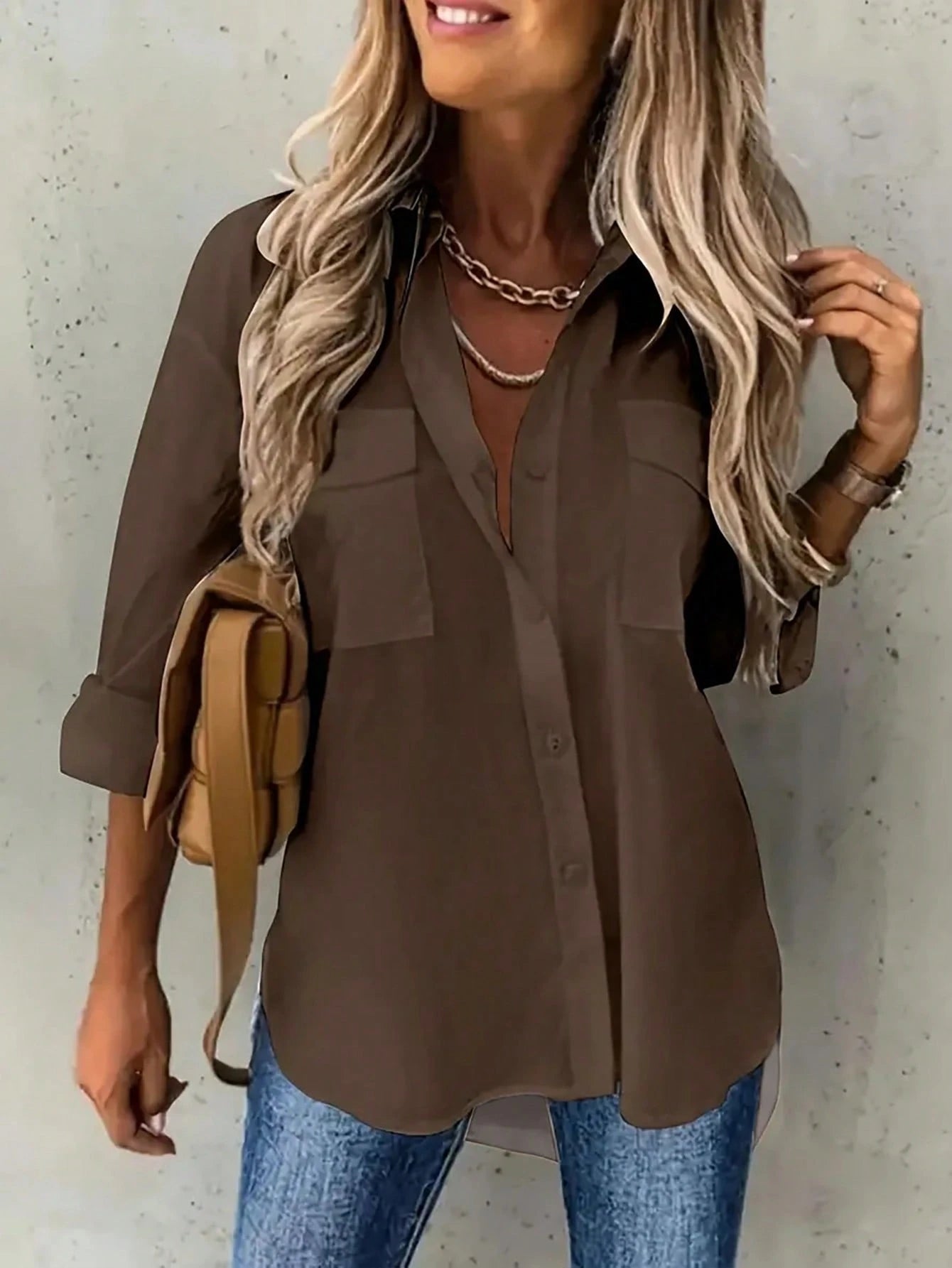 Plus Size Women Cuffed Sleeve Casual/Work Solid Color Collared Shirt