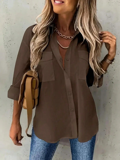 Plus Size Women Cuffed Sleeve Casual/Work Solid Color Collared Shirt