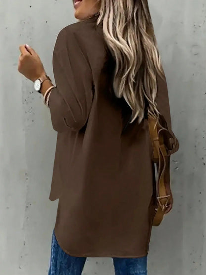 Plus Size Women Cuffed Sleeve Casual/Work Solid Color Collared Shirt
