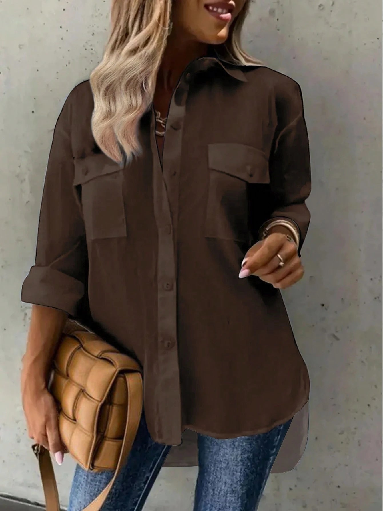 Plus Size Women Cuffed Sleeve Casual/Work Solid Color Collared Shirt