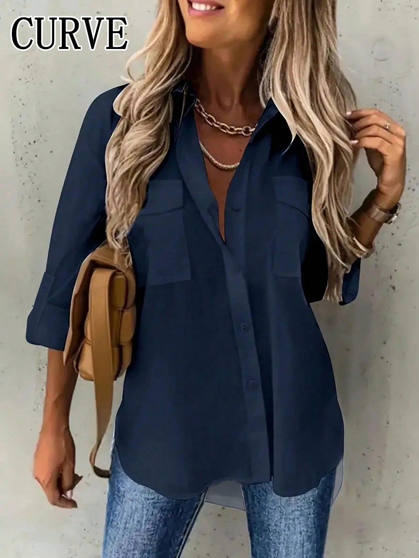 Plus Size Women Cuffed Sleeve Casual/Work Solid Color Collared Shirt