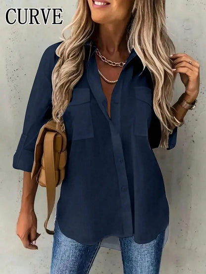 Plus Size Women Cuffed Sleeve Casual/Work Solid Color Collared Shirt