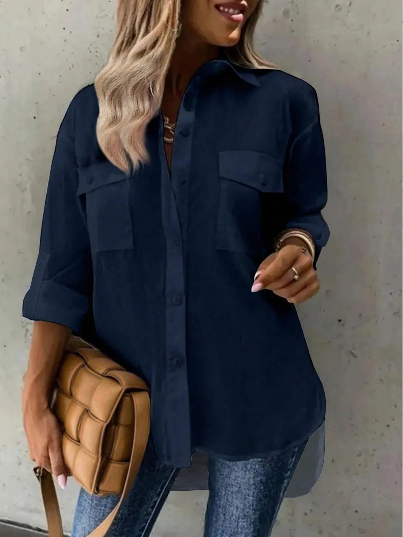Plus Size Women Cuffed Sleeve Casual/Work Solid Color Collared Shirt