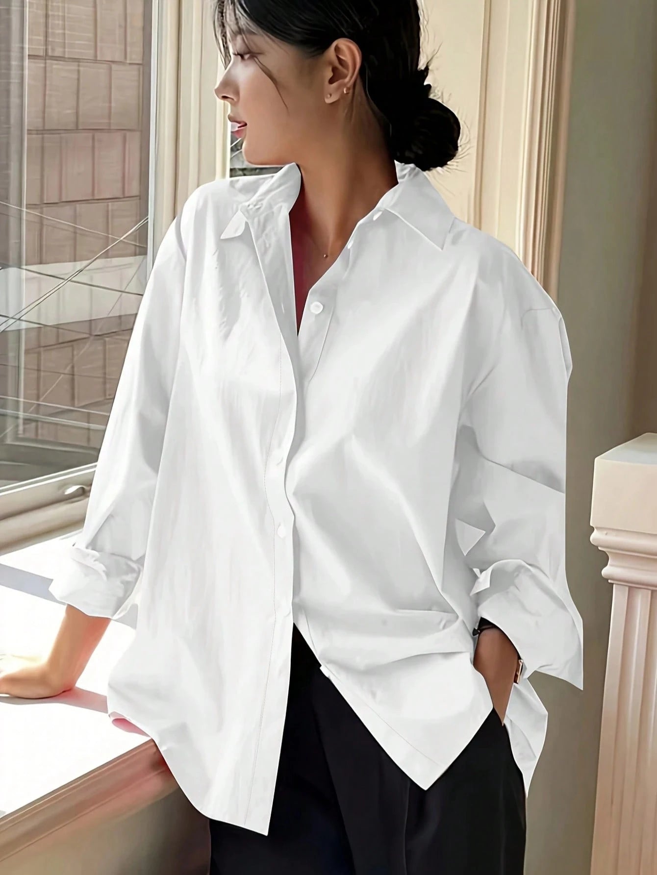 Plus Size Women Long Sleeve Casual Solid Color Front Button-Up Shirt White Spring
