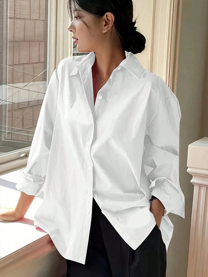 Plus Size Women Long Sleeve Casual Solid Color Front Button-Up Shirt White Spring