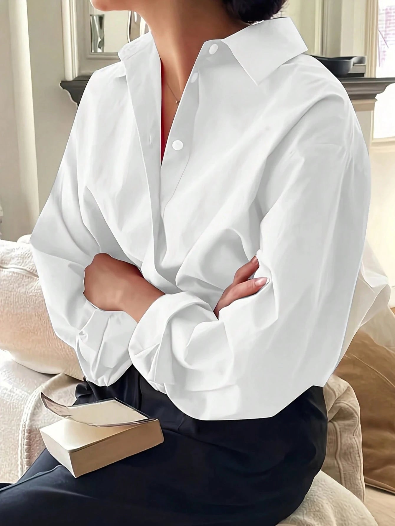 Plus Size Women Long Sleeve Casual Solid Color Front Button-Up Shirt White Spring