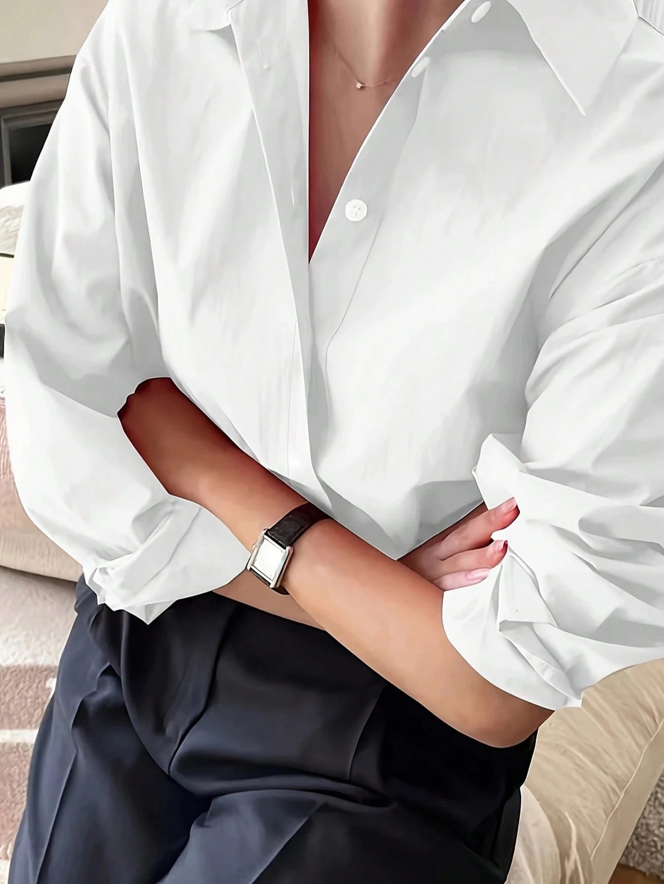 Plus Size Women Long Sleeve Casual Solid Color Front Button-Up Shirt White Spring