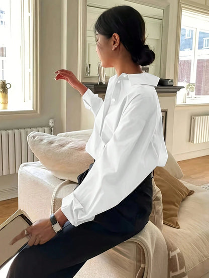 Plus Size Women Long Sleeve Casual Solid Color Front Button-Up Shirt White Spring