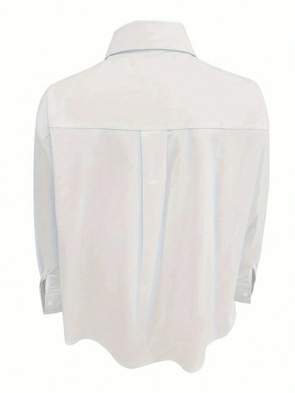Plus Size Women Long Sleeve Casual Solid Color Front Button-Up Shirt White Spring