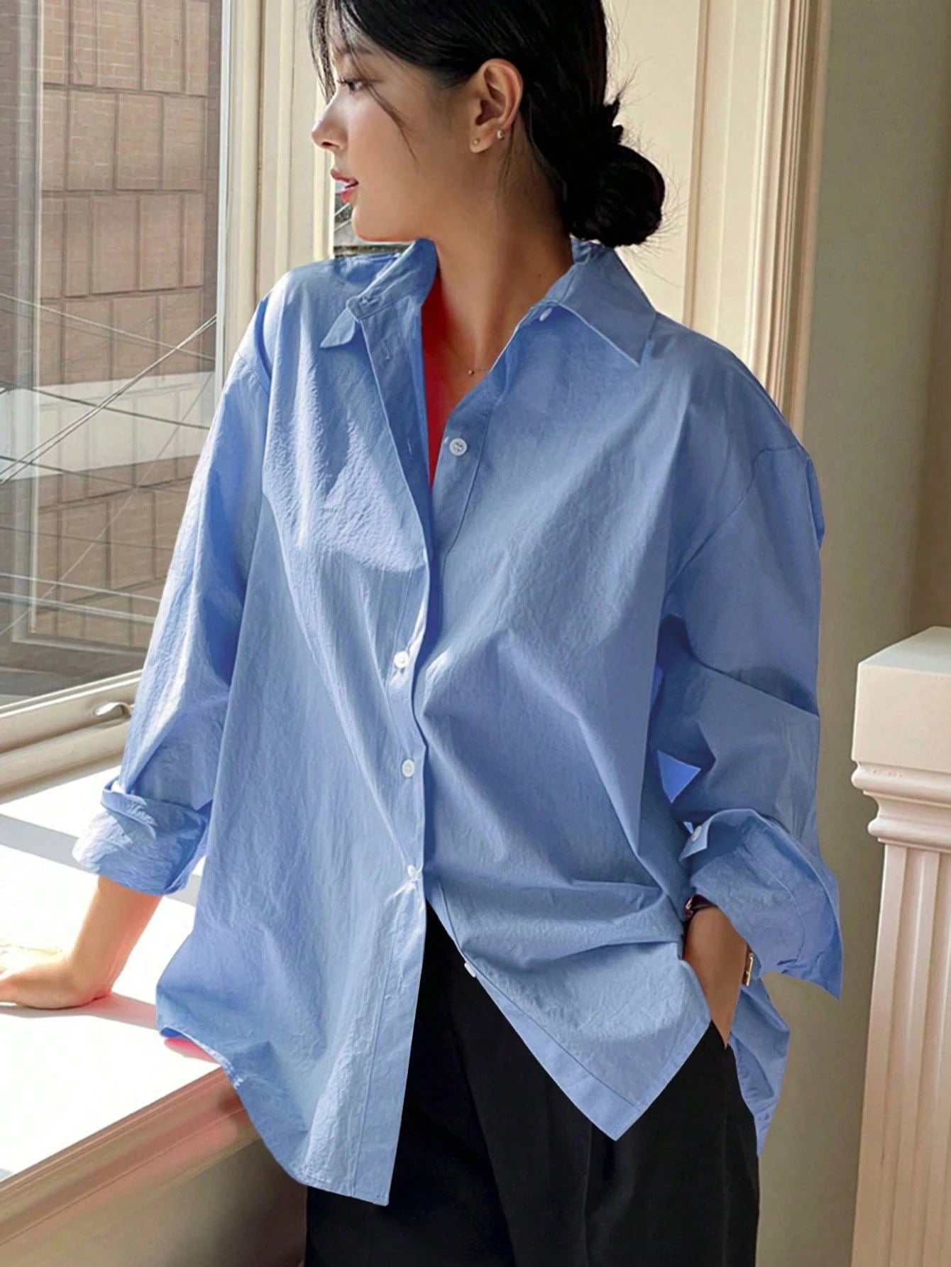 Plus Size Women Long Sleeve Casual Solid Color Front Button-Up Shirt White Spring