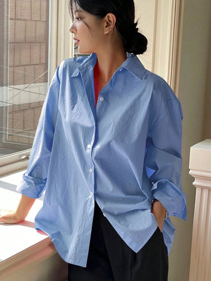 Plus Size Women Long Sleeve Casual Solid Color Front Button-Up Shirt White Spring