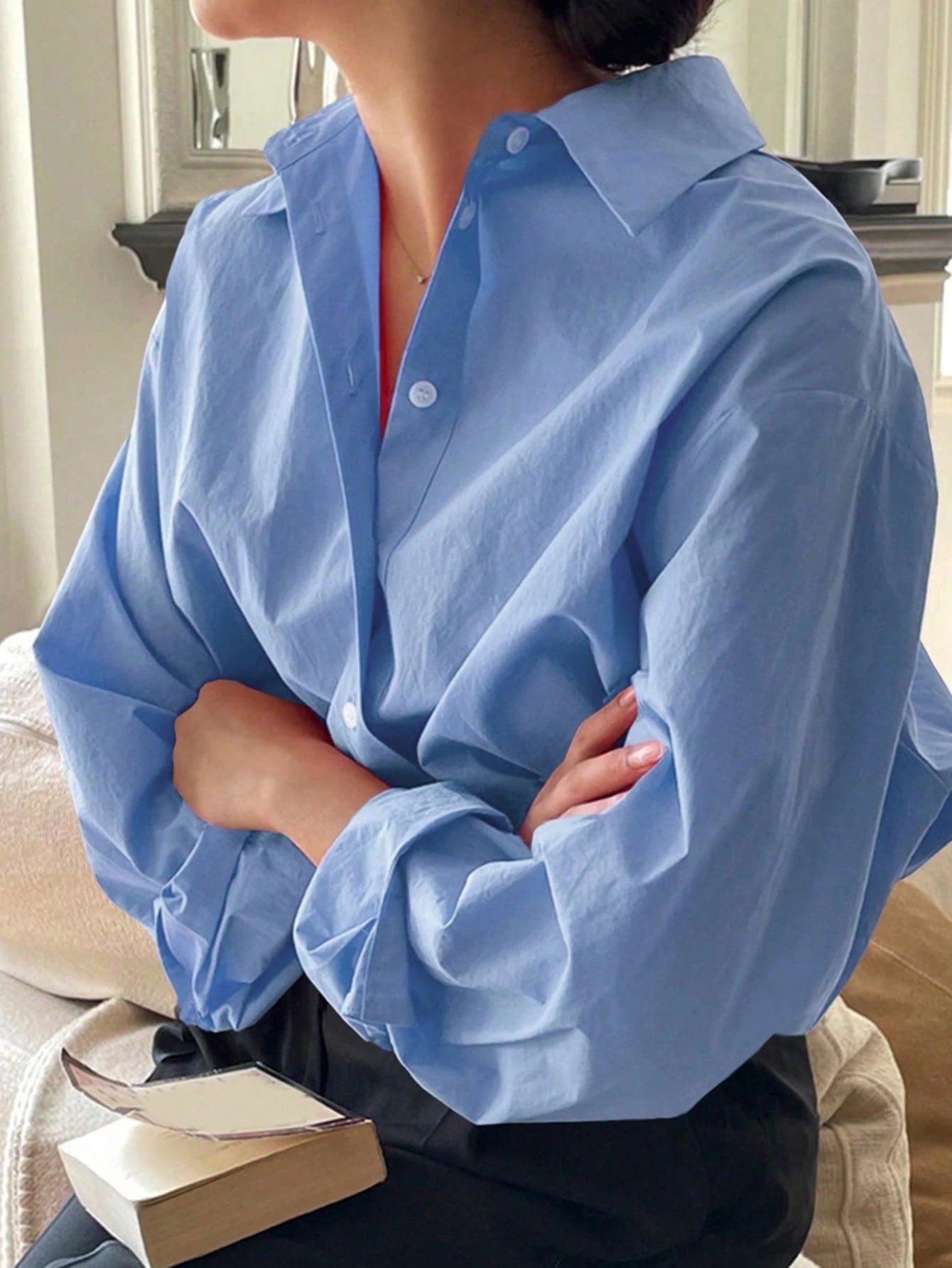 Plus Size Women Long Sleeve Casual Solid Color Front Button-Up Shirt White Spring