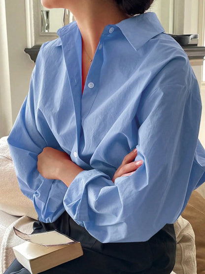 Plus Size Women Long Sleeve Casual Solid Color Front Button-Up Shirt White Spring