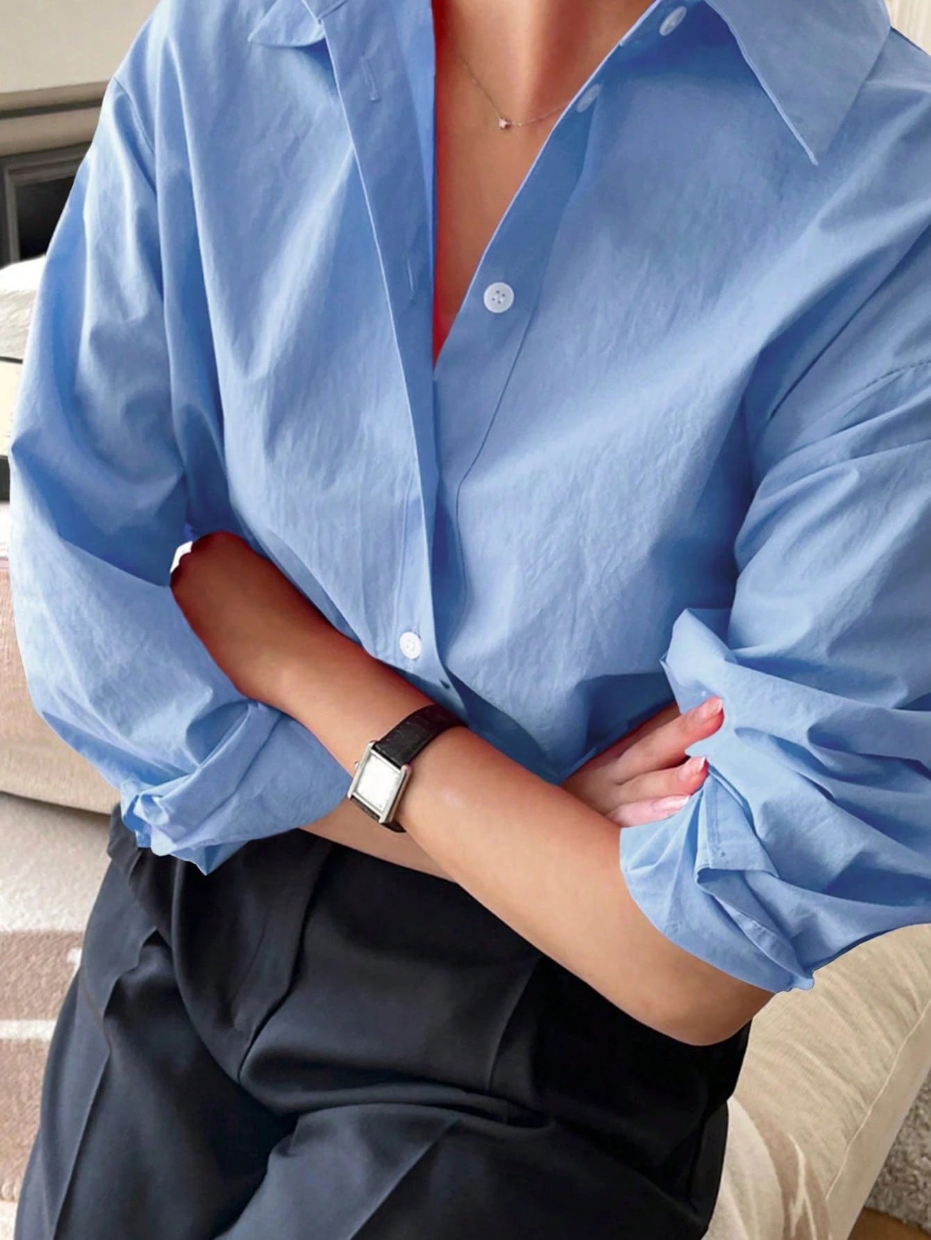 Plus Size Women Long Sleeve Casual Solid Color Front Button-Up Shirt White Spring
