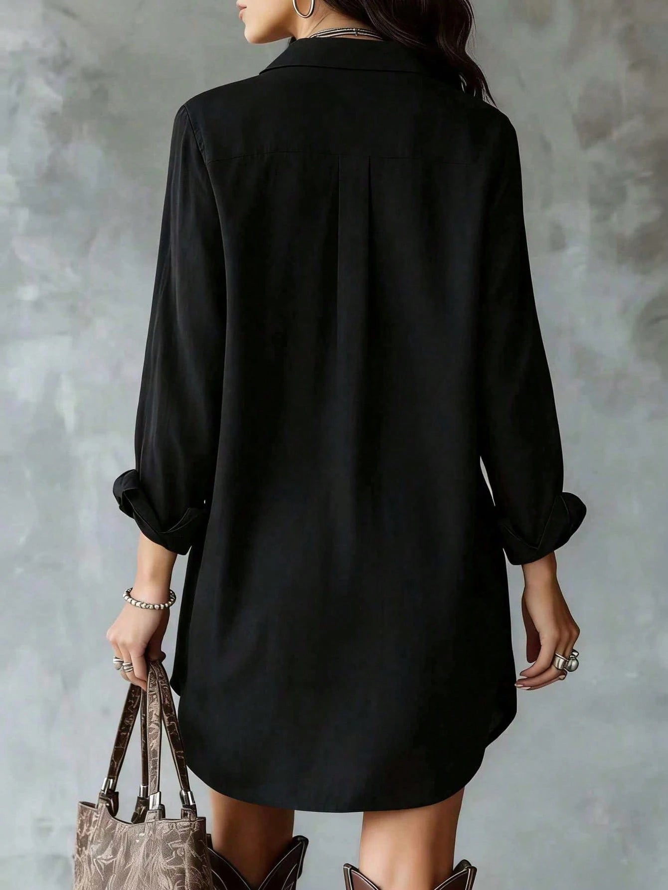 Plus Size Women's Black Long Sleeve Polyester Button-Up Shirt Dress, Lapel Collar, High-Low Hem Design, With Pockets