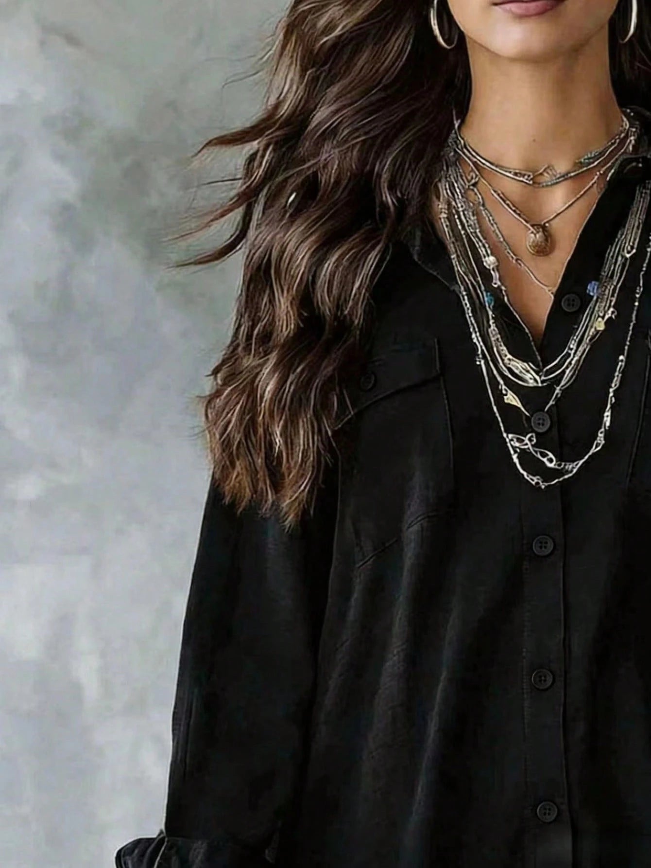Plus Size Women's Black Long Sleeve Polyester Button-Up Shirt Dress, Lapel Collar, High-Low Hem Design, With Pockets