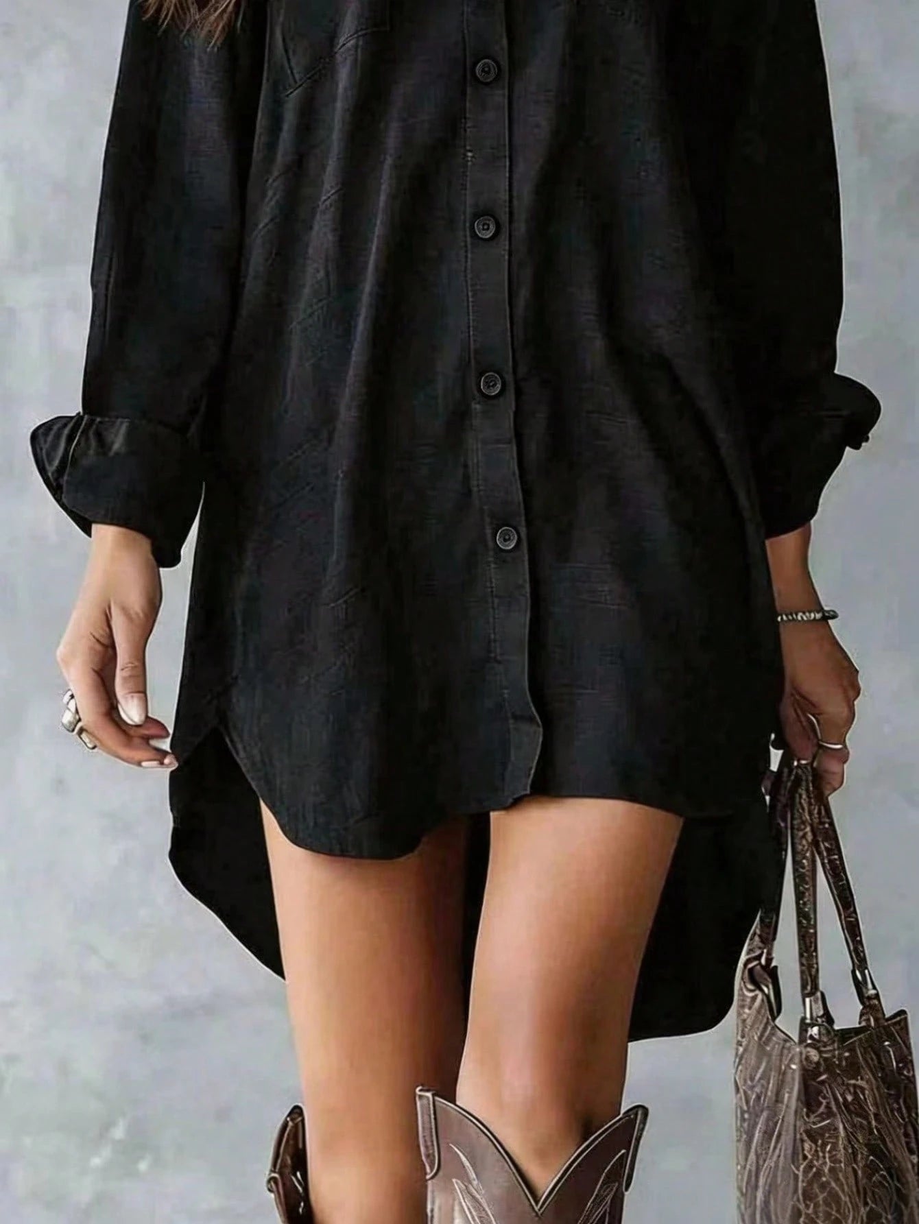 Plus Size Women's Black Long Sleeve Polyester Button-Up Shirt Dress, Lapel Collar, High-Low Hem Design, With Pockets